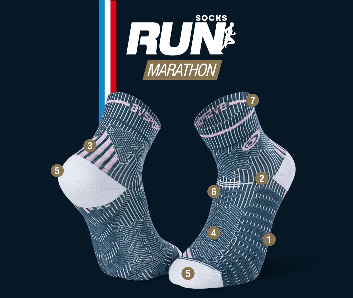 Indigo blue-pink running socks RUN MARATHON | Made in France